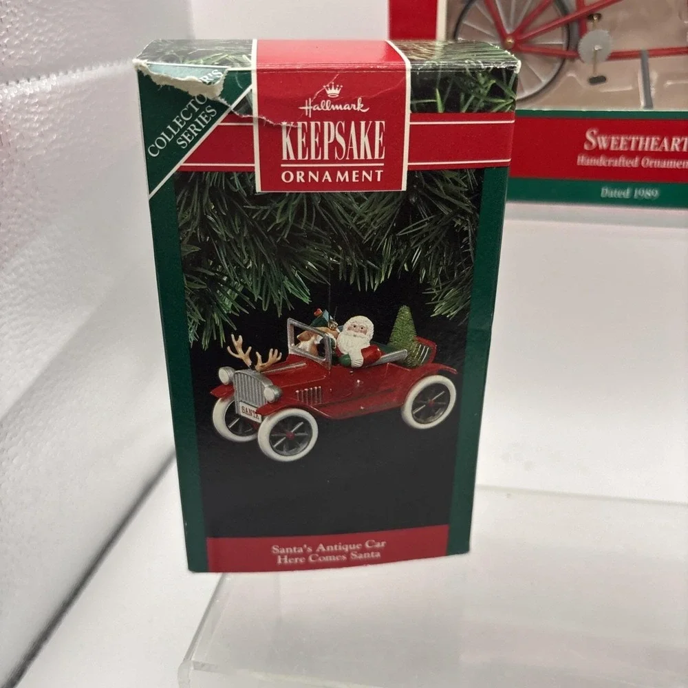 Vtg~Hallmark Ornaments~Santa's Antique Car/Festive Surrey/Sweetheart Bike for 2